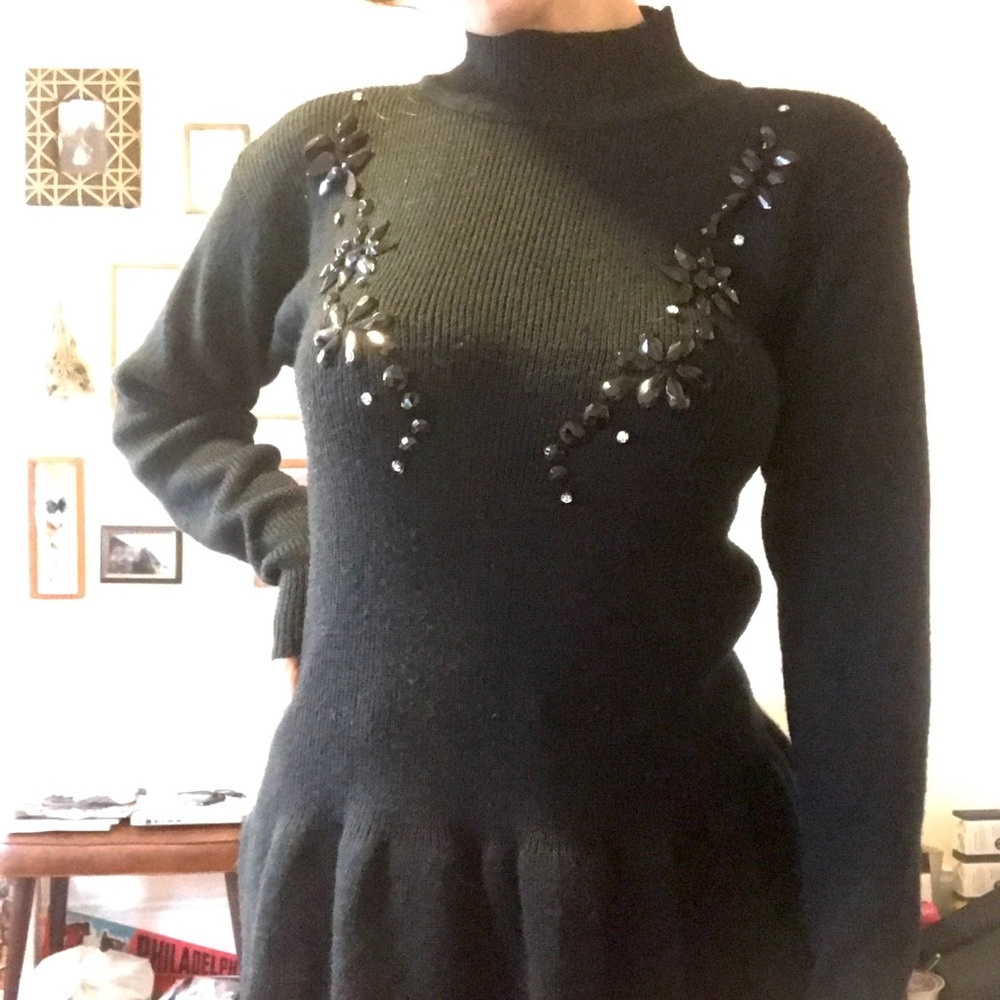 Jeweled Peplum Mock-neck Sweater